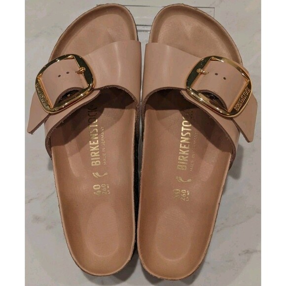 Wmn's Birkenstock Madrid Big Buckle Slide Sandals In Natural Leather Patent 40/9 - Picture 2 of 15